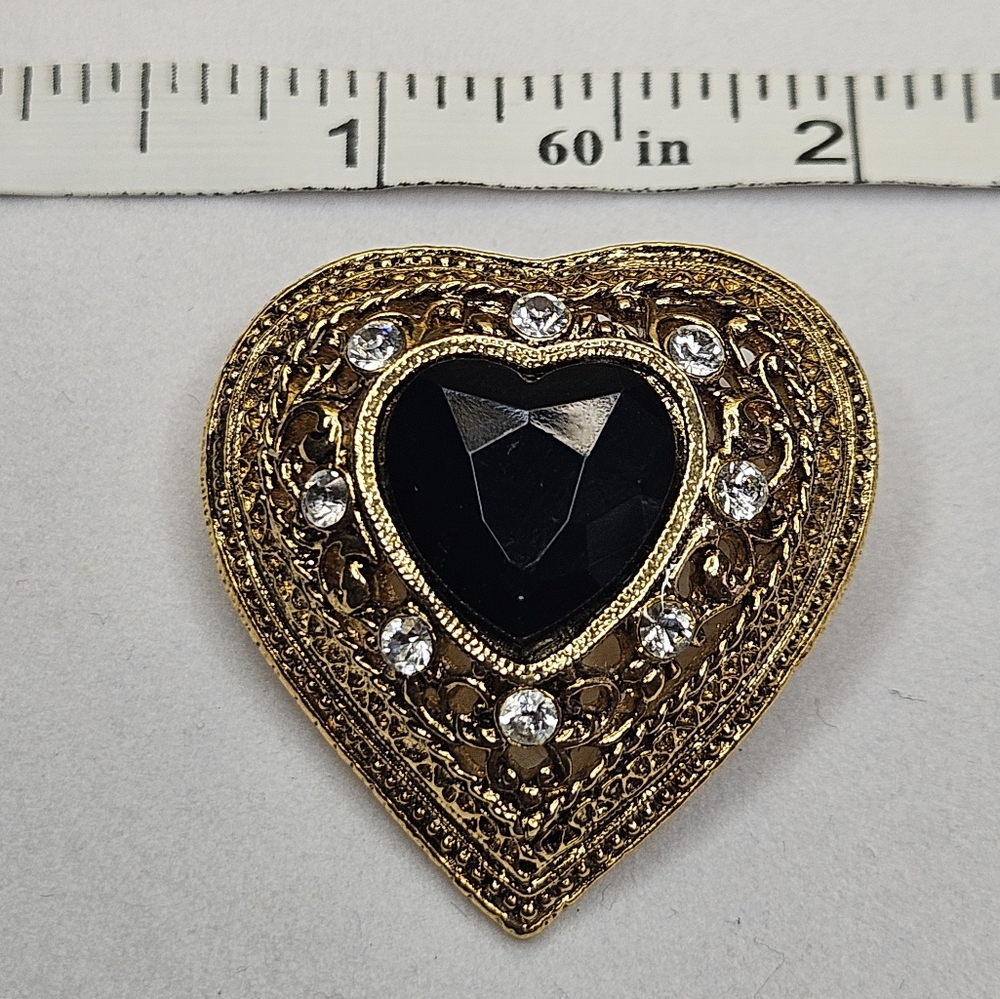 Vtg 1928 Black Faceted Heart Shape Rhinestone Brooch Pin Gold tone Metal